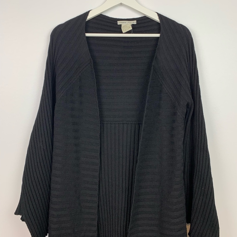 Sarah Pacini Long Duster Knit Cardigan Black One Size Asymmetrical Lagenlook